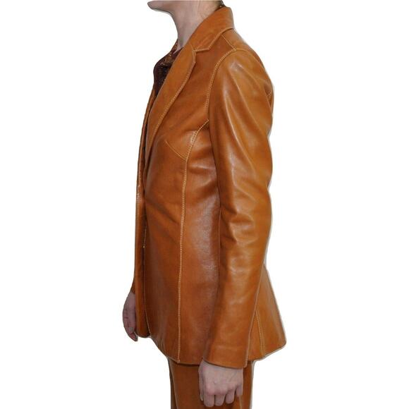 Pre-Owned Cache Single Button Front Genuine Leather Jacket British Tan/Brown 2 - Picture 2 of 6